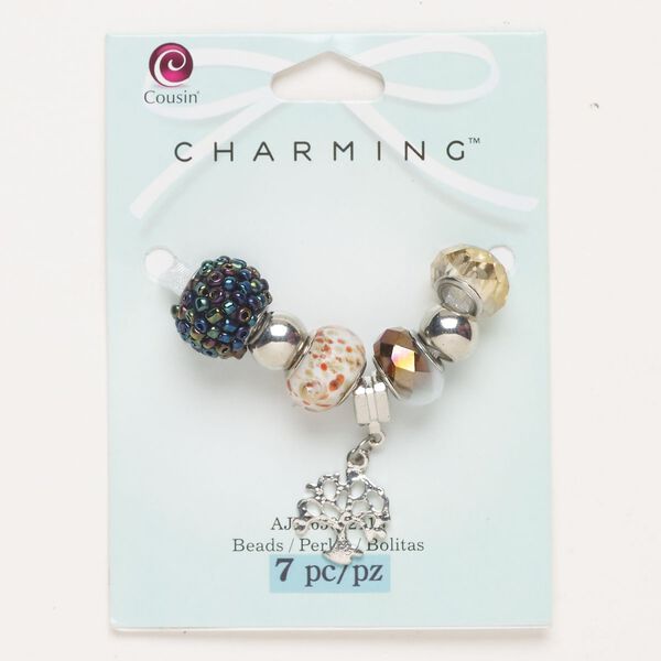 Brass / glass / acrylic 1pkg7, bead assortment silver-finished / mixed colors 10x7mm-17x13mm image number 0