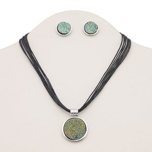 Necklace and earring set, 8-strand, druzy (imitation) / waxed cotton cord / silver-plated brass / steel / "pewter" (zinc-based alloy), rainbow and black, 30mm round, 16 inches with 3-inch extender chain and lobster claw clasp, 19mm round with post. Sold per set.
