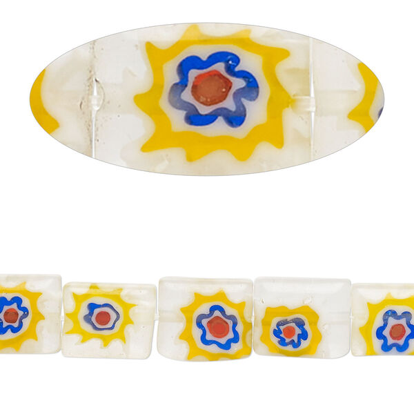 Bead, millefiori glass, translucent golden yellow/ cobalt blue / red / white, 10x8mm puffed rectangle with flower design. Sold per 14-inch strand. image number 0