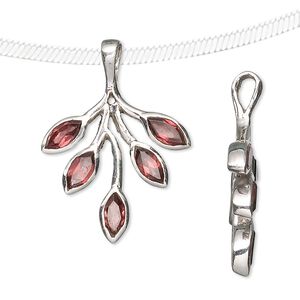 Pendant, garnet (natural) and sterling silver, 26x23mm with faceted marquise. Sold individually.