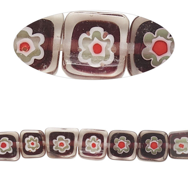 Bead, millefiori glass, translucent purple and multicolored, 7mm-9x8mm puffed square with flower design. Sold per 14-inch strand. image number 0