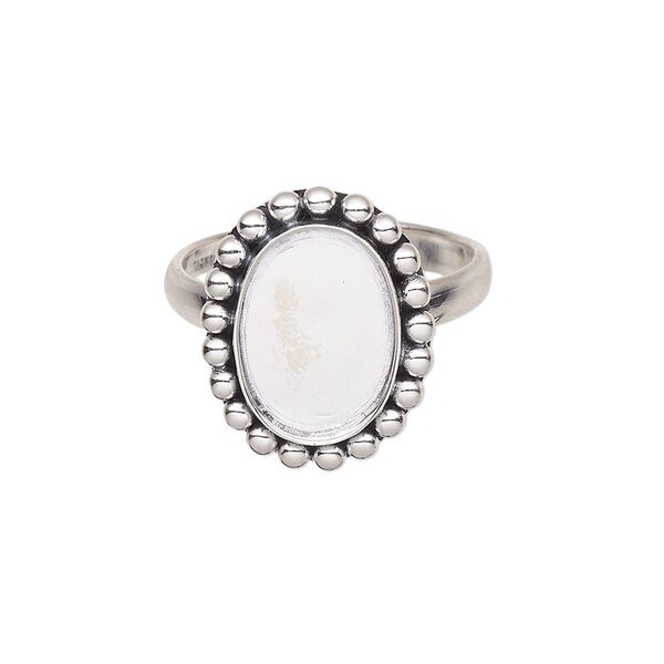 Ring, antiqued sterling silver, 3mm wide with beaded rim and 14x10mm oval glue-in setting, size 9. Sold individually. image number 0