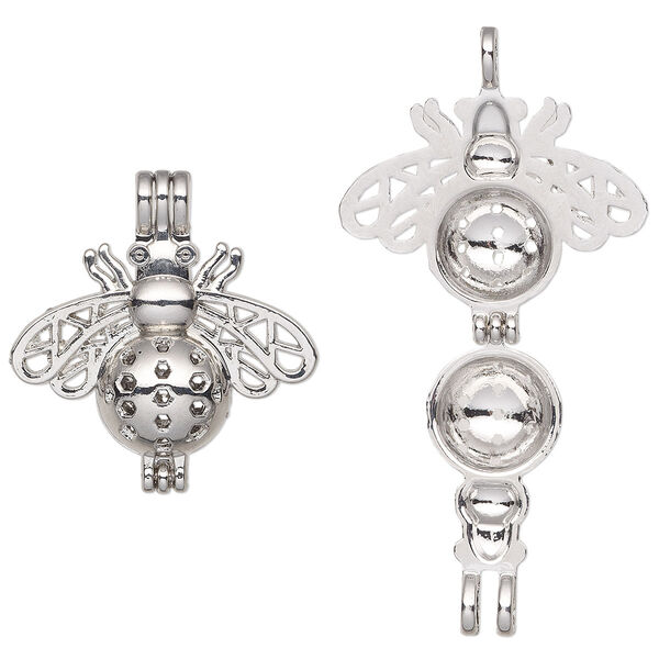 Pendant, imitation rhodium-finished "pewter" (zinc-based alloy), 29x28mm double-sided bee bead cage, fits up to 8mm bead. Sold individually. image number 0