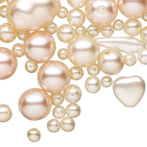 Bead mix, glass pearl, glass, peach, 4mm-15x8mm mixed shapes. Sold per 2-ounce pkg.