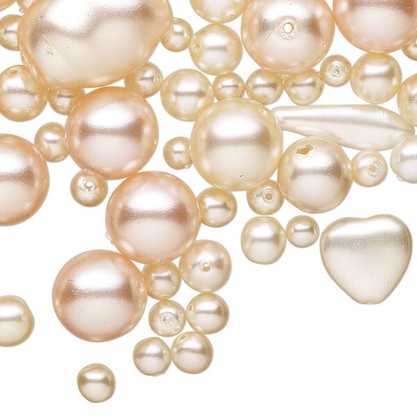 Bead mix, glass pearl, glass, peach, 4mm-15x8mm mixed shapes. Sold per 2-ounce pkg. image number 0