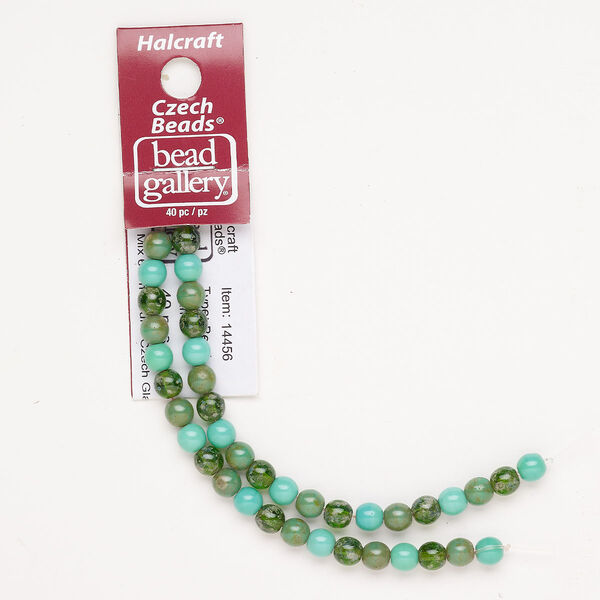Bead glass 1pk 6mm round, opaque translucent aqua teal green travertine 8 inch image number 0