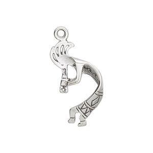 Charm, sterling silver, 23x16mm two-sided Kokopelli. Sold Individually.