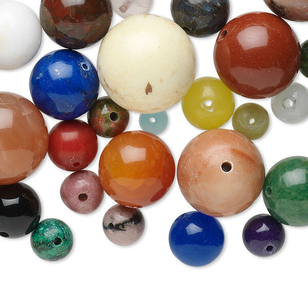 Bead mix, multi-gemstone (natural / dyed / manmade) and glass, mixed colors, 4-14mm round, B grade. Sold per 100-gram pkg, approximately 90-100 beads. image number 0