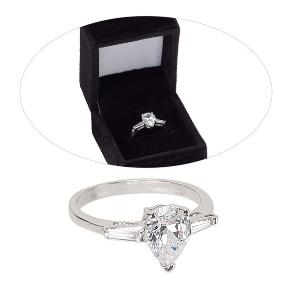 Ring, cubic zirconia and rhodium-finished brass, clear, 11mm teardrop, size 8. Sold individually. image number 0