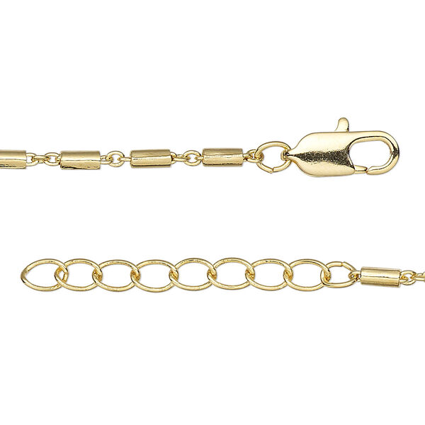 Chain, gold-finished brass, 3x2mm oval and 4x2mm round tube, 36 inches with 1-1/4 inch extender chain and lobster claw clasp. Sold individually. image number 0