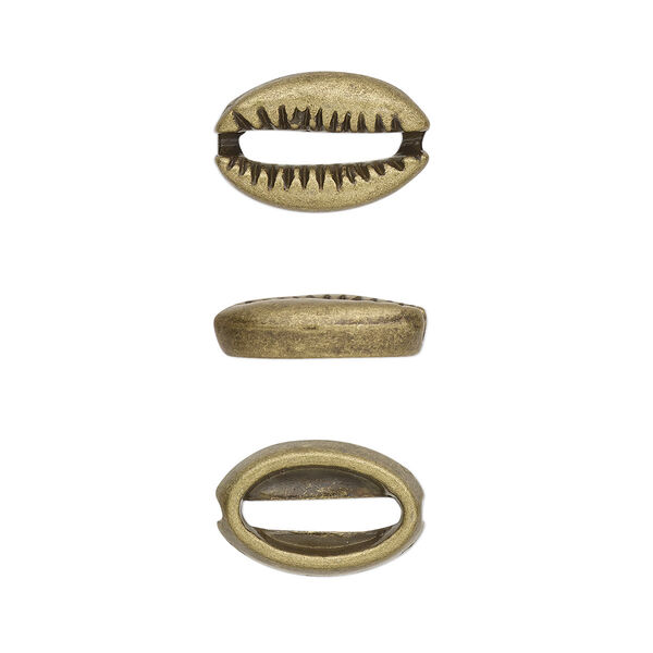 Component, antique brass-finished pewter (tin-based alloy), 12x8mm two-sided cowrie. Sold per pkg of 20. image number 0