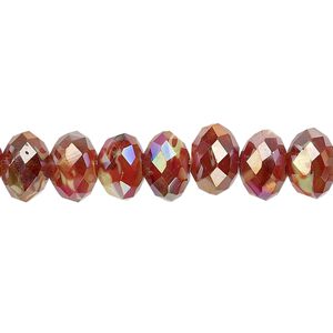 Bead, millefiori glass, marbled yellow and red AB, 8x6mm-9x7mm faceted rondelle. Sold per 8-inch strand, approximately 30 beads.