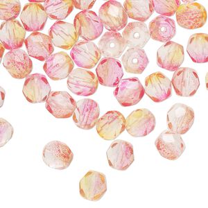 Bead, Czech fire-polished glass 1pkg60, orange and red, 6mm faceted round.