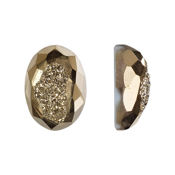 Cabochon, druzy agate (coated), golden, 18x13mm hand-cut loosely calibrated faceted oval, B grade, Mohs hardness 7. Sold individually. image number 0