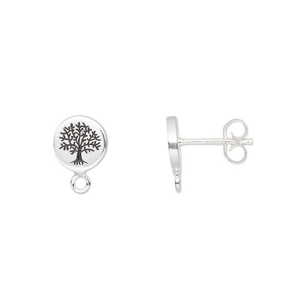 Earstud, enamel and sterling silver, black, 8mm round with tree of life design and loop. Sold per pair. image number 0