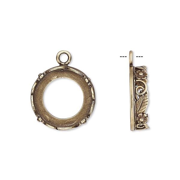 Drop, JBB Findings, antiqued brass, 16mm round with open back and flower and leaf design trim, 14mm round bezel setting. Sold per pkg of 2. image number 0