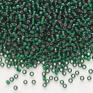 Seed bead, Dyna-Mites™, glass, pkg/40g, #11 round, transparent silver-lined dark green, (53:RR 11/0 RR).