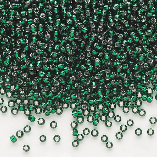 Seed bead, Dyna-Mites™, glass, pkg/40g, #11 round, transparent silver-lined dark green, (53:RR 11/0 RR). image number 0