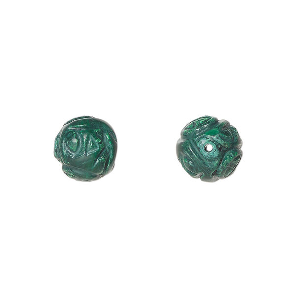 Bead, malachite (natural), 10mm carved round, B grade, Mohs hardness 3-1/2 to 4. Sold per pkg of 2. image number 0
