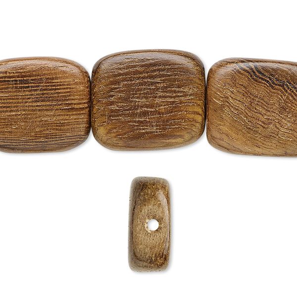 Bead, wood (waxed), 18x15mm hand-cut flat rectangle. Sold per 15-1/2" to 16" strand. image number 0