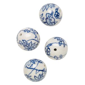 Bead, porcelain, blue and white, 19-20mm round with flower design. Sold per pkg of 4.