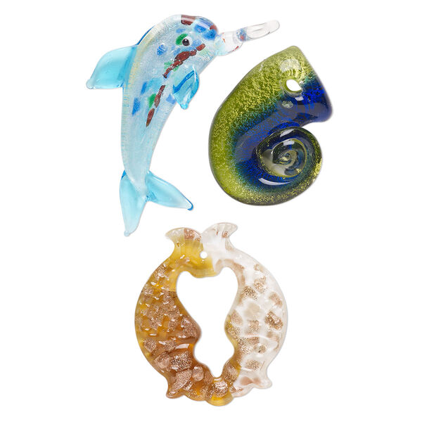 Random focal mix, lampworked glass, pkg/3, opaque to transparent mixed colors with silver-colored foil and copper-colored glitter, 27x26mm-77x34mm mixed ocean shapes. image number 0