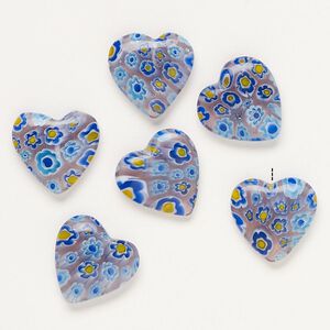 Bead, millefiori glass, translucent purple / blue / multicolored, 17-20mm half-drilled puffed heart. Sold per pkg of 6.