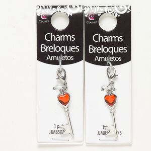 Charm "pewter" zinc-based alloy acrylic 2pk 24x9mm heart key lobster claw clasp, silver finish red