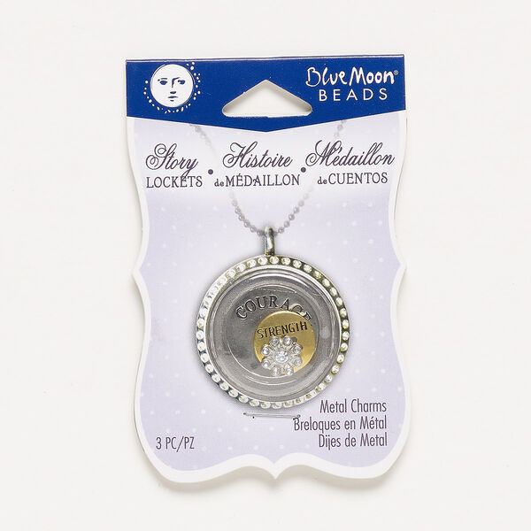 Charm mix, acrylic rhinestone / enamel / antique gold- / antique silver-finished "pewter" (zinc-based alloy) / steel, clear and black, 10mm undrilled flower / 14mm undrilled flat round with "STRENGTH" and cutout flower / 21mm flat round with "COURAGE." Sold per pkg of 3. image number 0