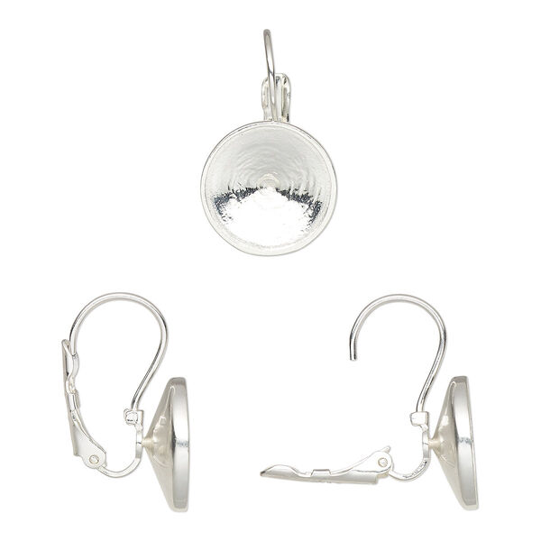 Ear wire, Almost Instant Jewelry®, sterling silver, 25mm leverback with 14mm rivoli glue-in setting. Sold per pair. image number 0