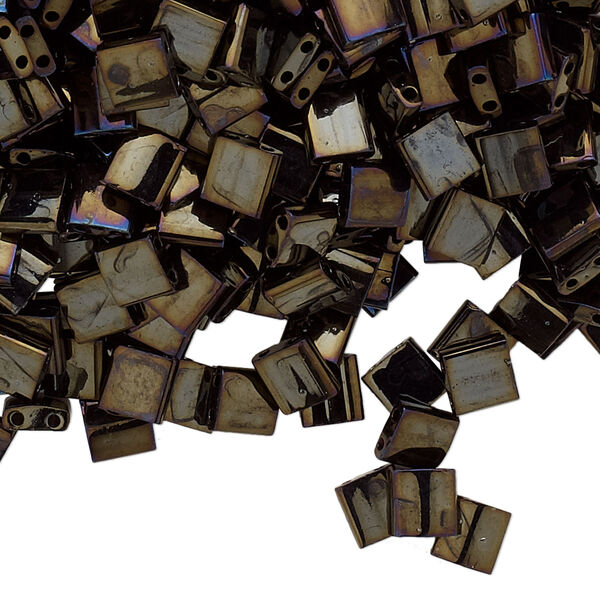 Seed bead, TILA®, glass, pkg/250g, 5mm full tila square, opaque metallic rainbow dark olive, (TL-458). image number 0
