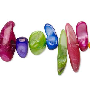 Bead, mother-of-pearl shell (dyed), multicolored, 15x5mm-30x11mm stick, Mohs hardness 3-1/2. Sold per 15" to 16" strand.