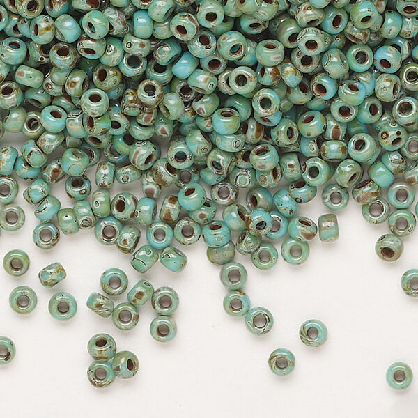 Seed bead, Miyuki, glass, pkg/50g, #8 rocaille, opaque Picasso turquoise blue, (RR-4514). image number 0