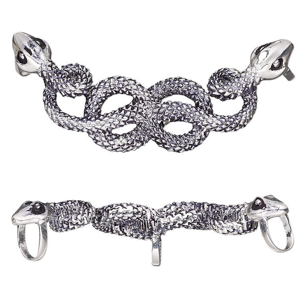 Slide, antique silver-plated brass, 46x19.5mm single-sided snakes with (3) 4.5mm holes. Sold individually. image number 0
