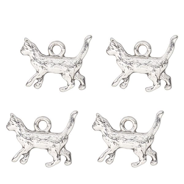 Charm, antique silver-finished "pewter" (zinc-based alloy) , 17x10mm single-sided cat. Sold per pkg of 4. image number 0