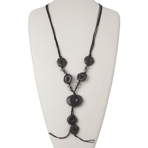 Necklace, acrylic / waxed cotton cord / silver-finished steel, black and grey, 5-inch dangle with 24x24mm flower and 38x30mm puffed oval, 28 inches with lobster claw clasp and 2-inch extender chain. Sold individually.