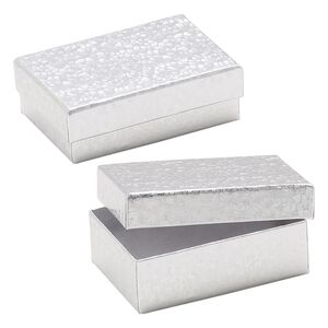 Box, paper, "cotton"-filled, silver, 3-1/4 x 2-1/4 x 1-inch rectangle. Sold per pkg of 10.