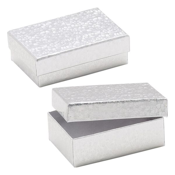 Box, paper, "cotton"-filled, silver, 3-1/4 x 2-1/4 x 1-inch rectangle. Sold per pkg of 10. image number 0