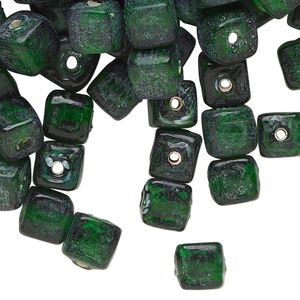 Bead, lampworked glass, translucent dark green, 8mm cube. Sold per 4-ounce pkg, approximately 150 beads.