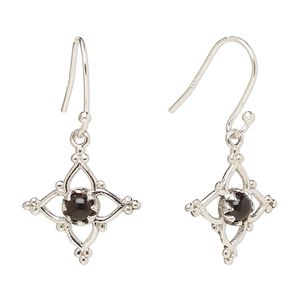 Earring, Create Compliments®, antiqued sterling silver and black onyx (dyed), fishhook, 32mm with 17mm single-sided open beaded diamond, 21 gauge. Sold per pair.