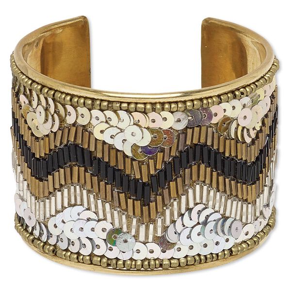 Bracelet, cuff, glass / acrylic / plastic sequin / brass, iridescent multicolored, 52mm wide with zigzag design, adjustable from 7 to 7-1/2 inches. Sold individually. image number 0