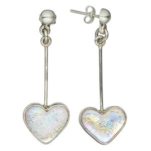 Sterling silver and dichroic heart shaped drop earrings, rainbow, 16x13mm, approx. 53mm long. Sold per pair.