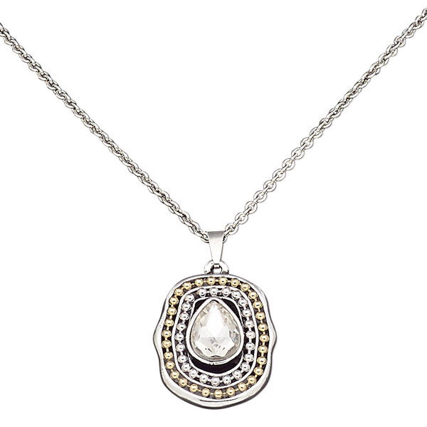 Necklace, glass rhinestone / antiqued silver-coated plastic / gold- / silver-finished brass / antiqued silver-finished steel / "pewter" (zinc-based alloy), clear, 30x26mm oval, 16 inches with 3-inch extender chain and lobster claw clasp. Sold individually. image number 0