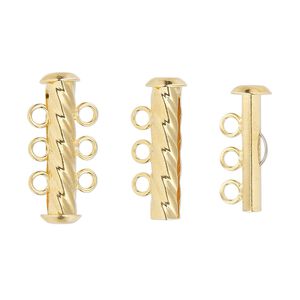 Clasp slide lock 1pkg4 gold-plated, 21x6mm corrugated round tube, brass 3-strand