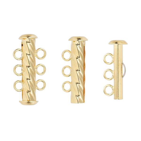 Clasp, 3-strand slide lock, gold-plated brass, 21x6mm corrugated round tube. Sold per pkg of 4. image number 0