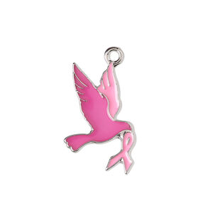 Charm 1pkg4, imitation rhodium-plated "pewter" (zinc alloy) / enamel, light pink / dark pink, 25x15mm, bird / awareness ribbon