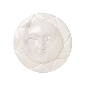 Focal, bone (bleached), 30mm hand-cut single-sided carved sun face, Mohs hardness 2-1/2. Sold individually.