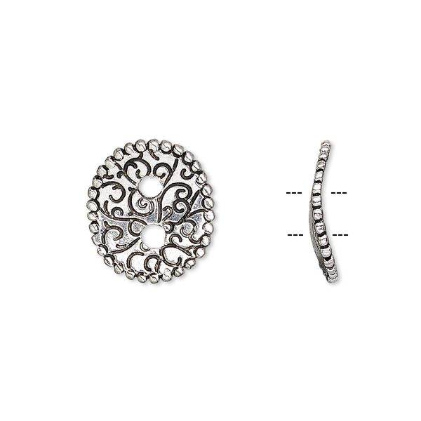 Button, antique silver-plated pewter (tin-based alloy), 15x13mm curved flat oval with swirl design and beaded edge with textured back. Sold per pkg of 2. image number 0