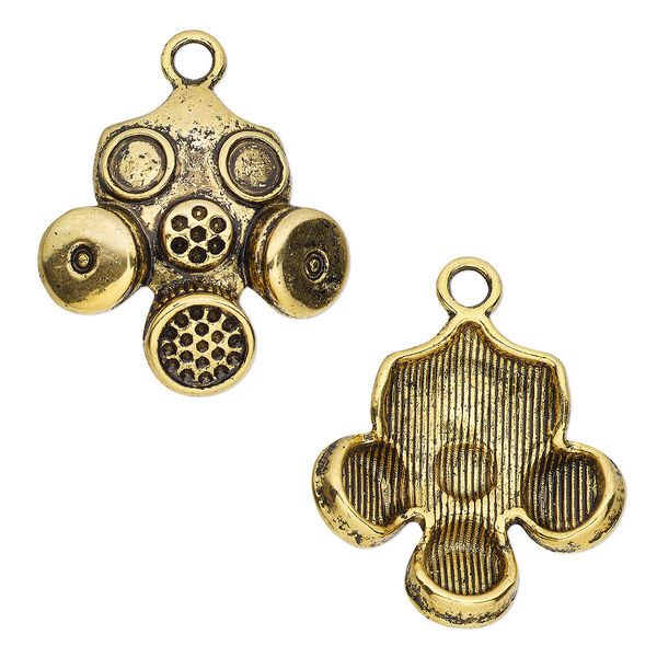 Charm, antique gold-finished "pewter" (zinc-based alloy), 28mm single-sided gas mask. Sold per pkg of 2. image number 0