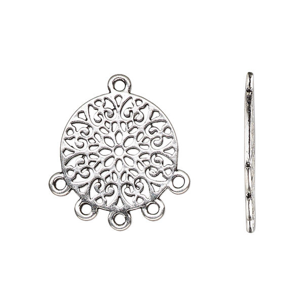 Drop, antique silver-finished "pewter" (zinc-based alloy), 18mm double-sided flat round with cutout mandala and 5 closed loops. Sold per pkg of 20. image number 0